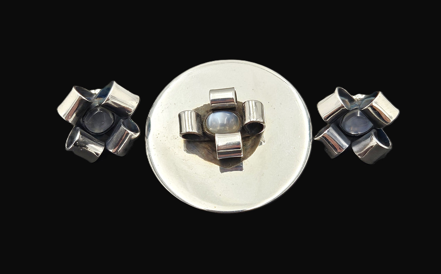 Superb Rare Sam Kramer Sterling Moonstone Brooch Earrings Demi Parure Set