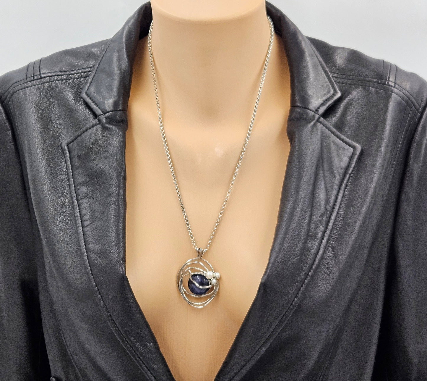 B Sterling Jewelry Artisan Sterling Sodalite & Pearl Abstract Modernist Pendant Necklace C. 1980s