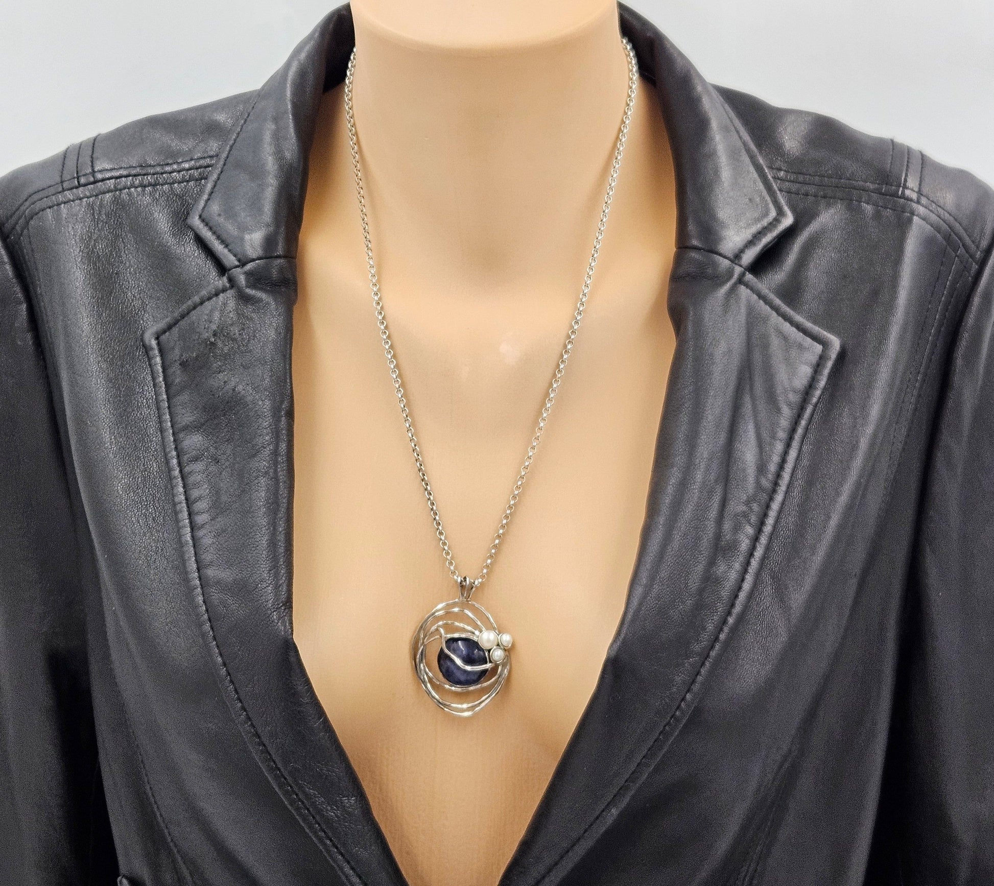 B Sterling Jewelry Artisan Sterling Sodalite & Pearl Abstract Modernist Pendant Necklace C. 1980s