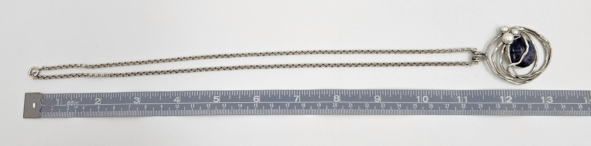 B Sterling Jewelry Artisan Sterling Sodalite & Pearl Abstract Modernist Pendant Necklace C. 1980s