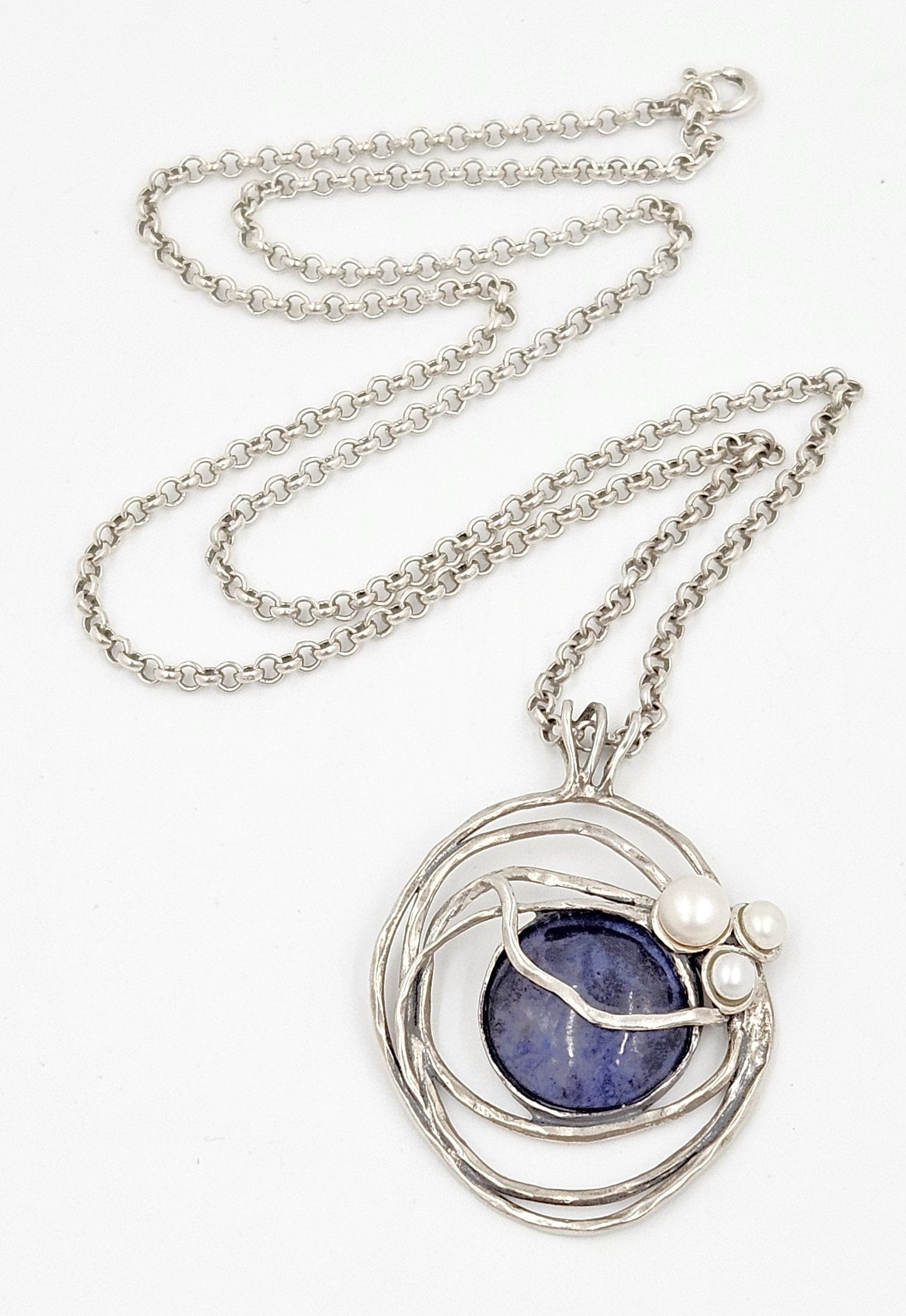 B Sterling Jewelry Artisan Sterling Sodalite & Pearl Abstract Modernist Pendant Necklace C. 1980s
