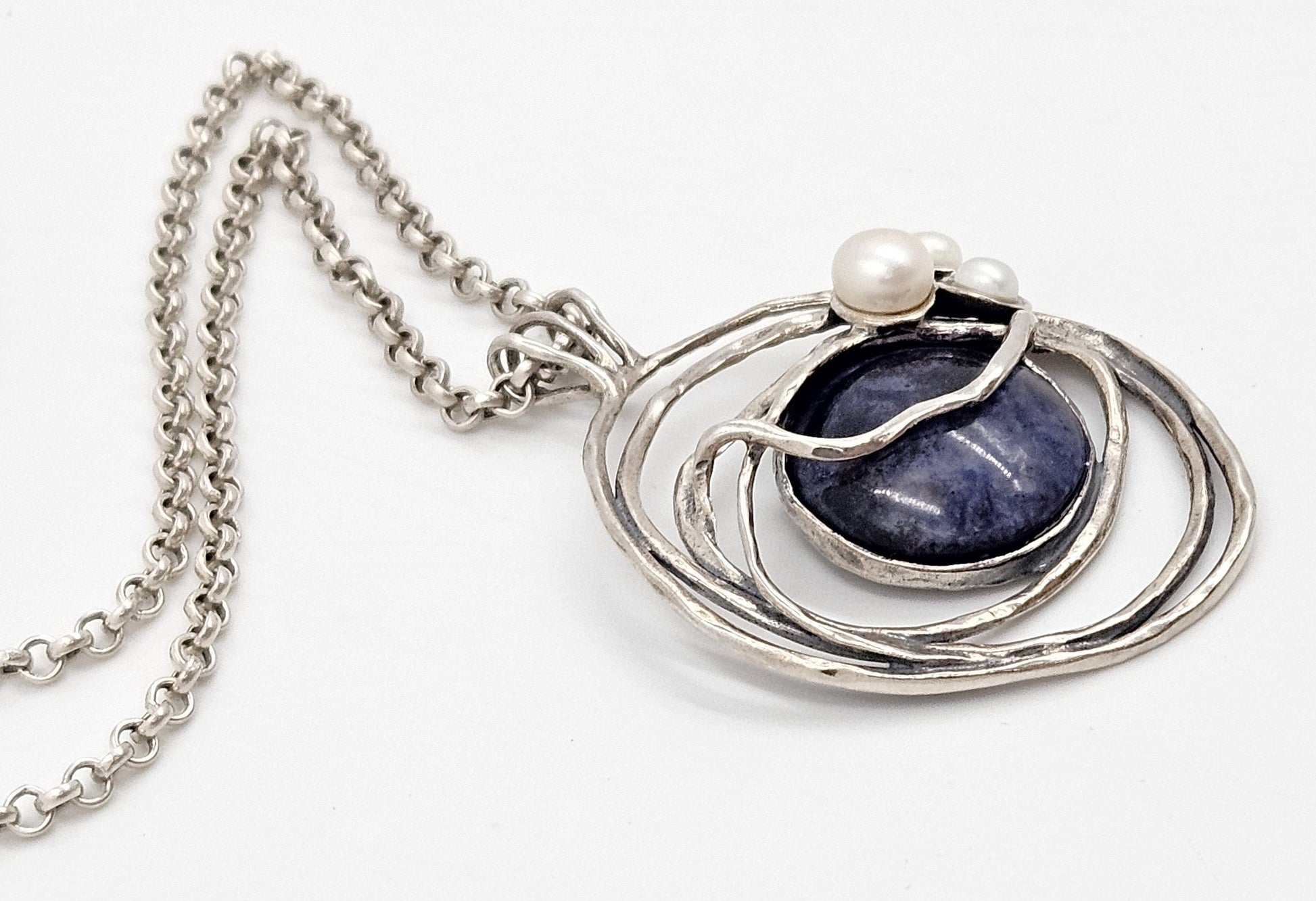 B Sterling Jewelry Artisan Sterling Sodalite & Pearl Abstract Modernist Pendant Necklace C. 1980s