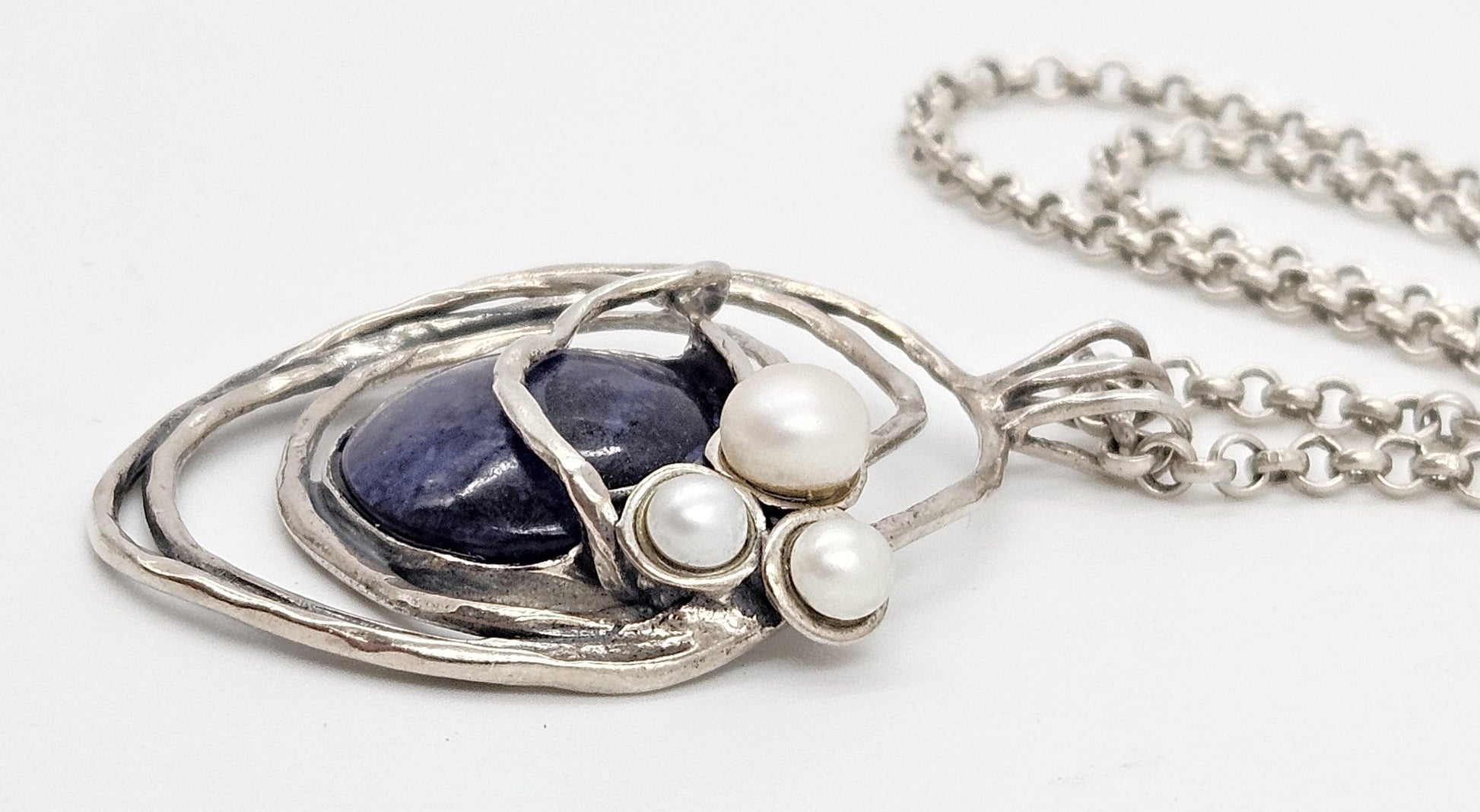 B Sterling Jewelry Artisan Sterling Sodalite & Pearl Abstract Modernist Pendant Necklace C. 1980s