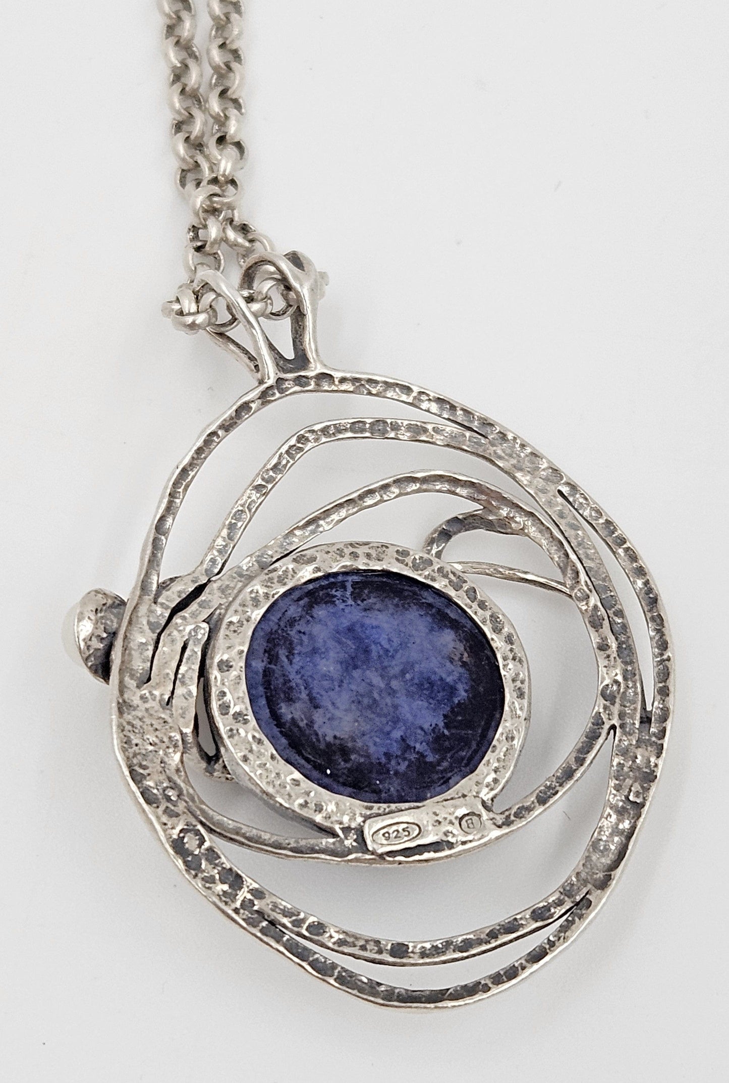 B Sterling Jewelry Artisan Sterling Sodalite & Pearl Abstract Modernist Pendant Necklace C. 1980s