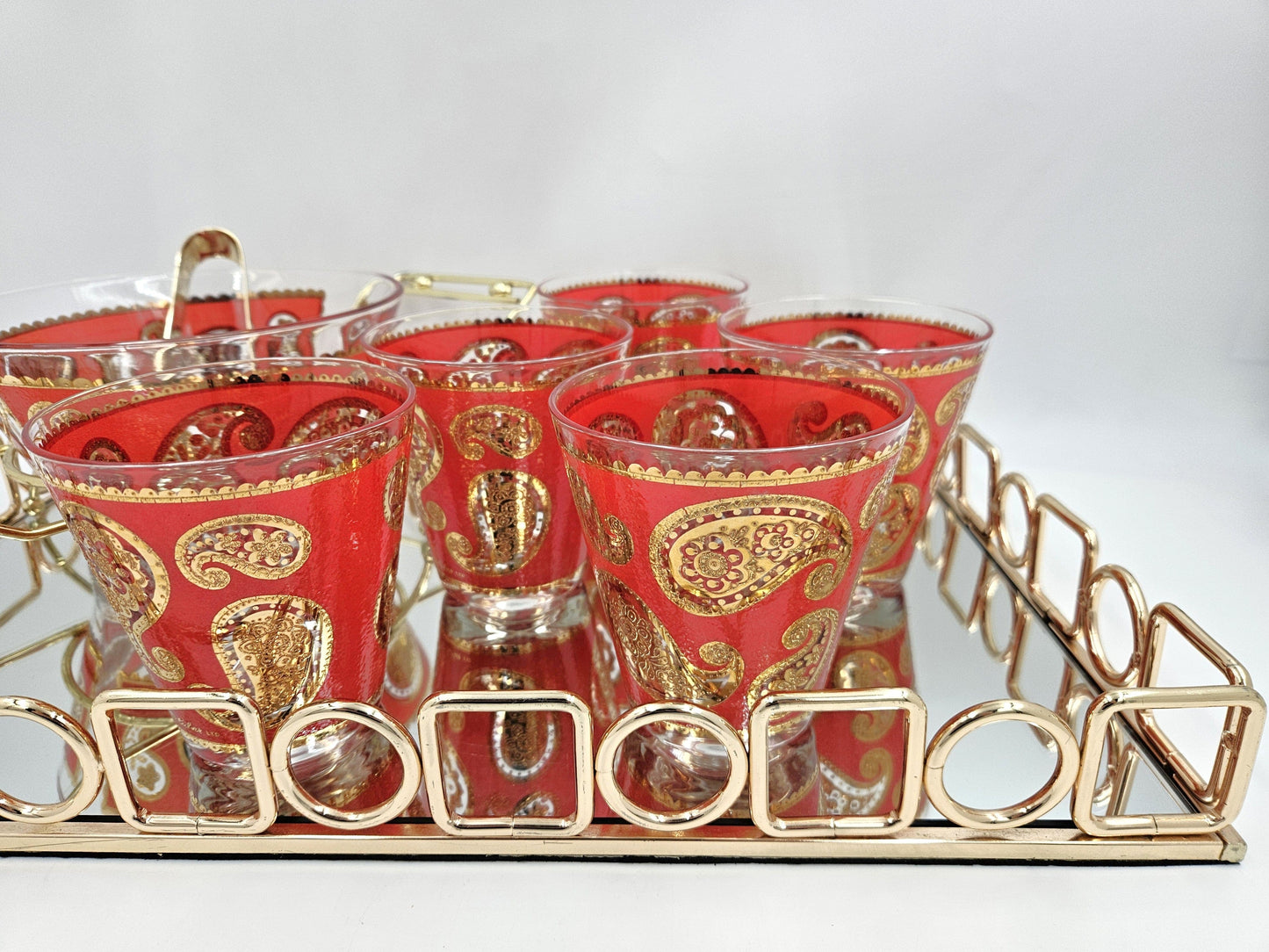 Culver Serveware Culver Red Paisley 22k Gold Glasses Ice Bucket Caddy Tray Set 1960s