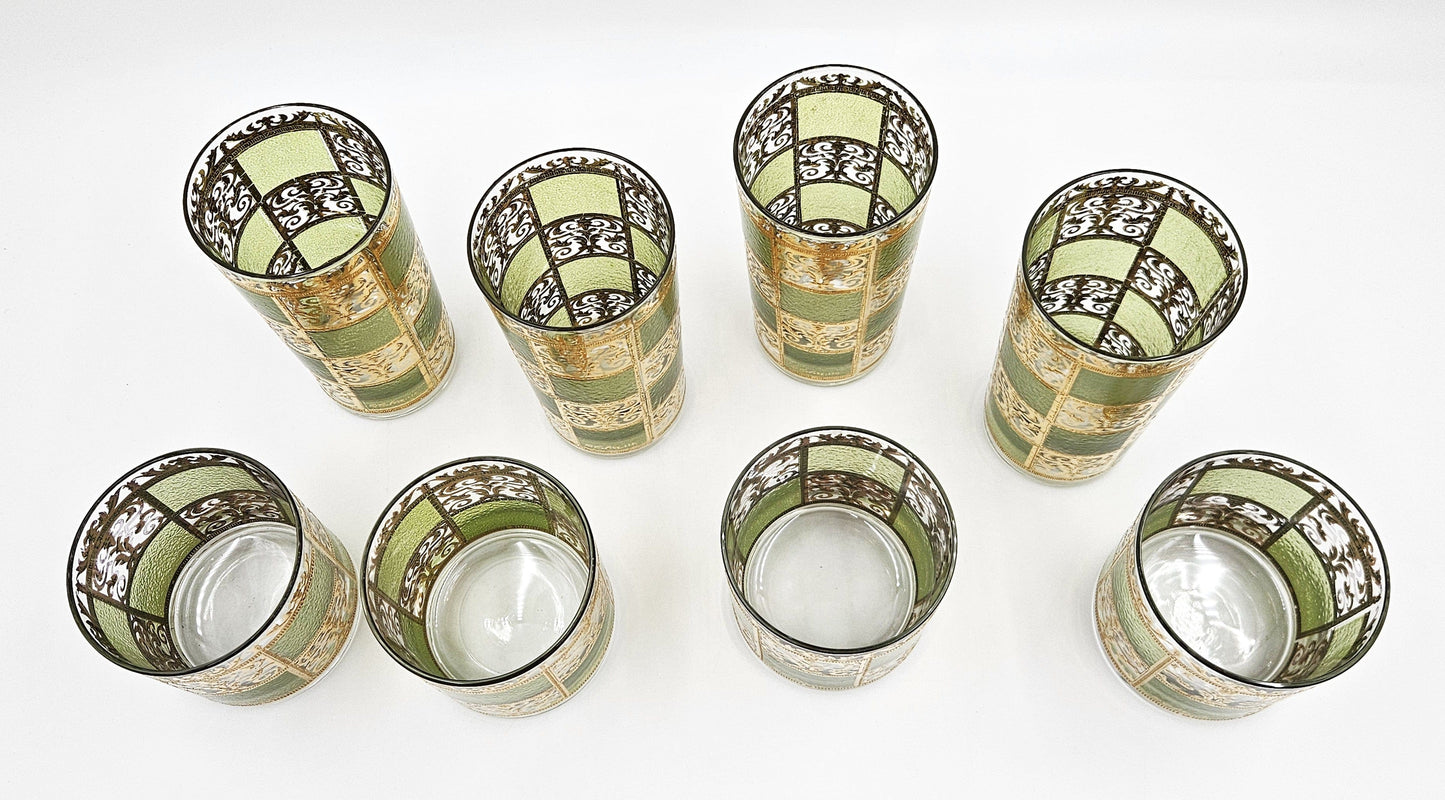 Culver Serveware Stunning Culver Prado Green 22k Gold Glassware Barware Set Circa 1960s