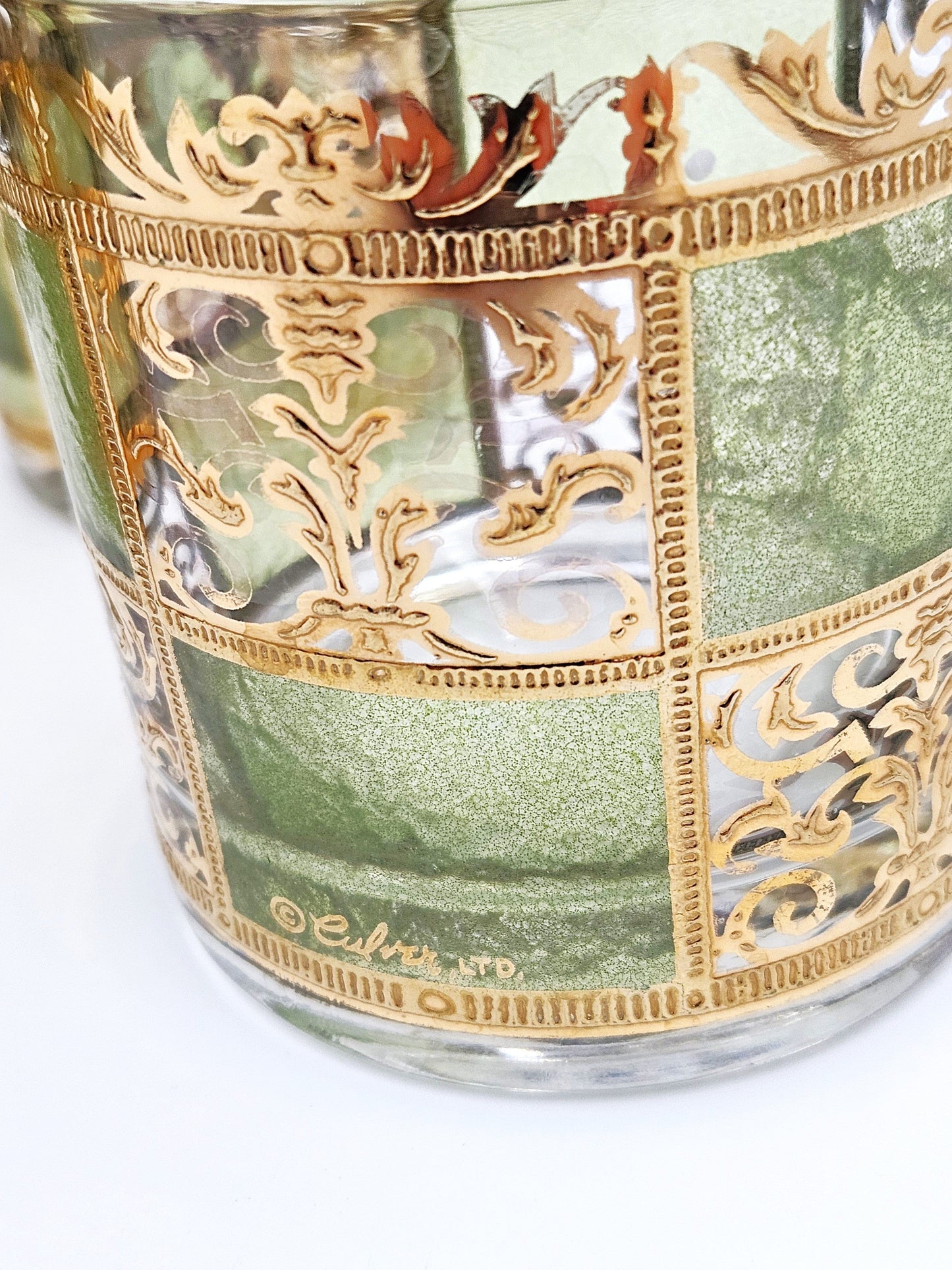 Culver Serveware Stunning Culver Prado Green 22k Gold Glassware Barware Set Circa 1960s