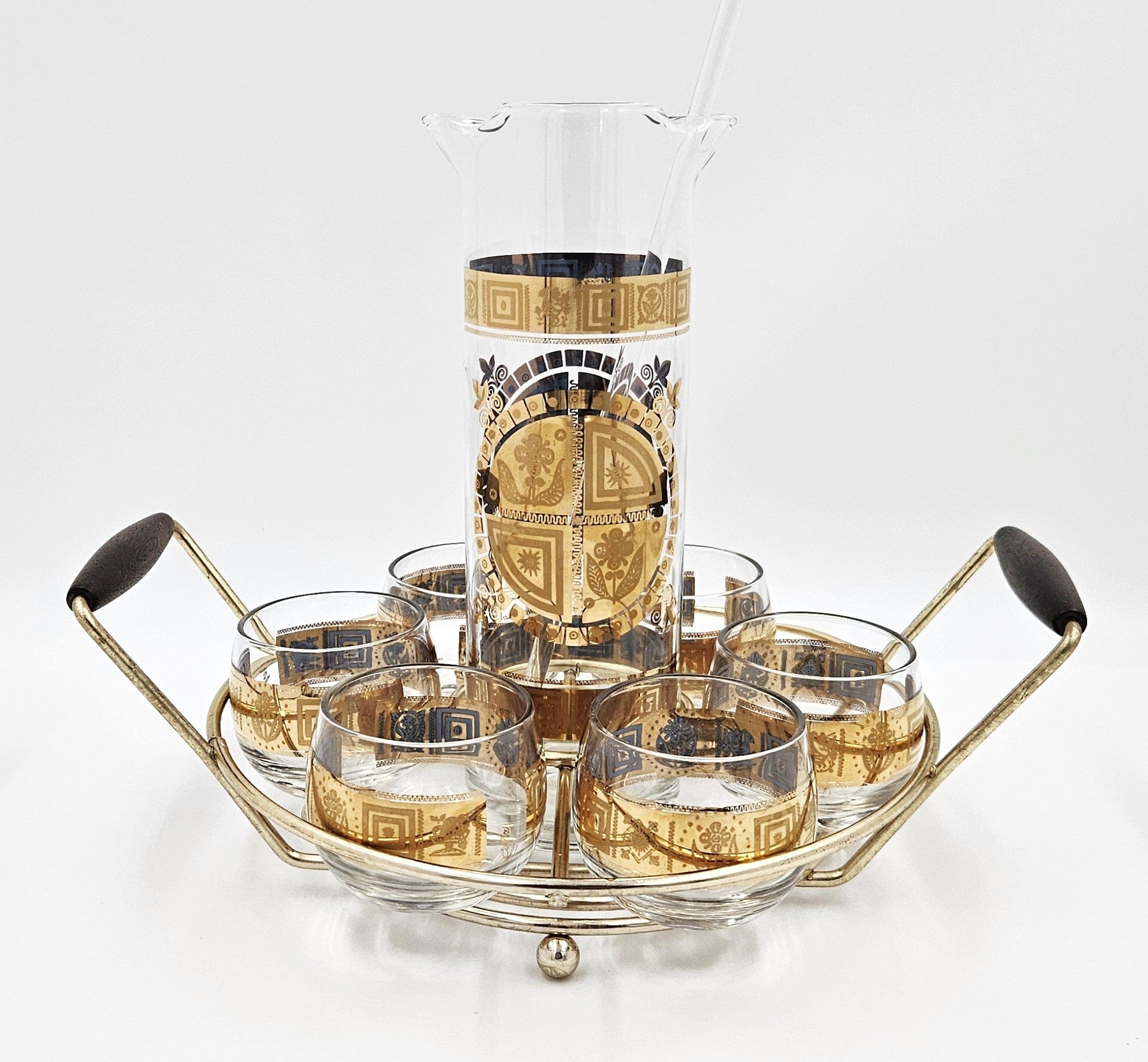 Culver Serveware Superb Culver Coronet 22k Gold Lt. Blue Martini Pitcher Glasses Caddy Set 1960s