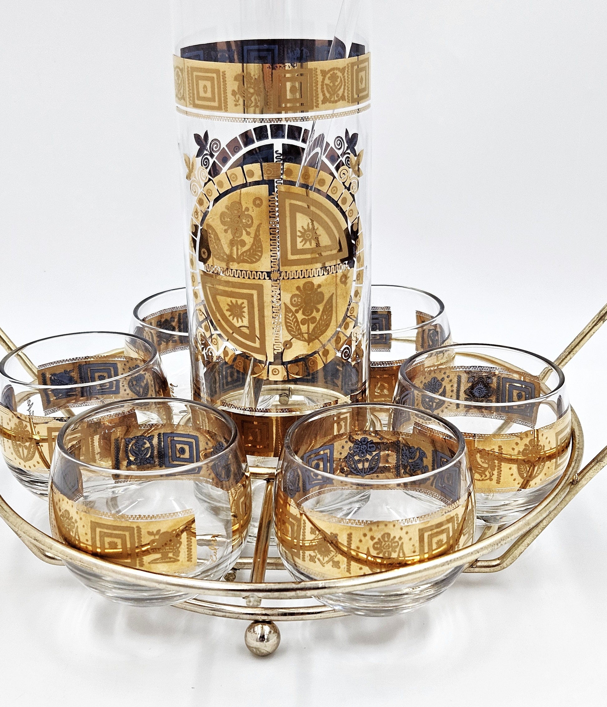 Culver Serveware Superb Culver Coronet 22k Gold Lt. Blue Martini Pitcher Glasses Caddy Set 1960s