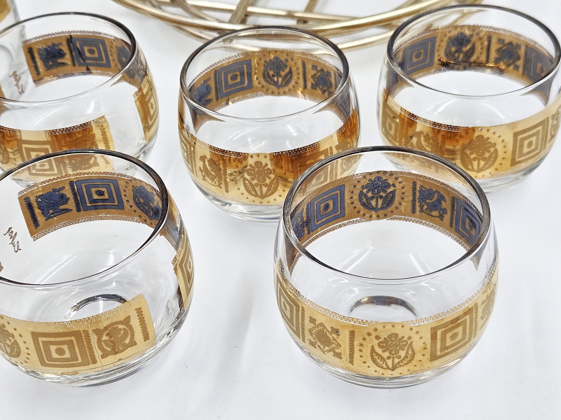 Culver Serveware Superb Culver Coronet 22k Gold Lt. Blue Martini Pitcher Glasses Caddy Set 1960s