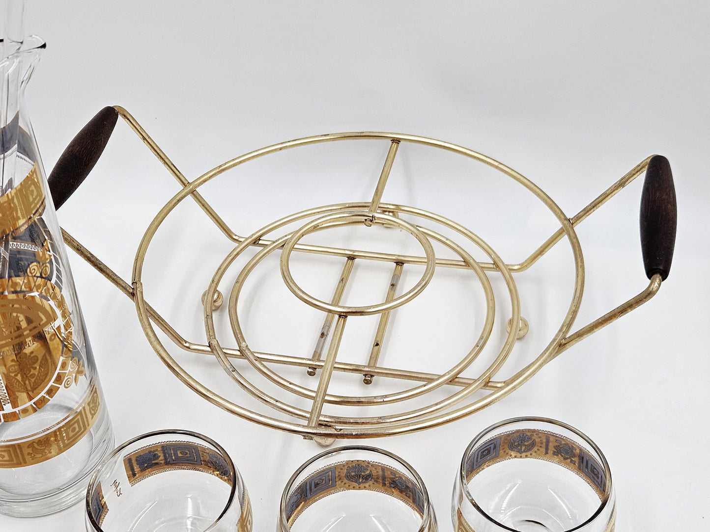 Culver Serveware Superb Culver Coronet 22k Gold Lt. Blue Martini Pitcher Glasses Caddy Set 1960s