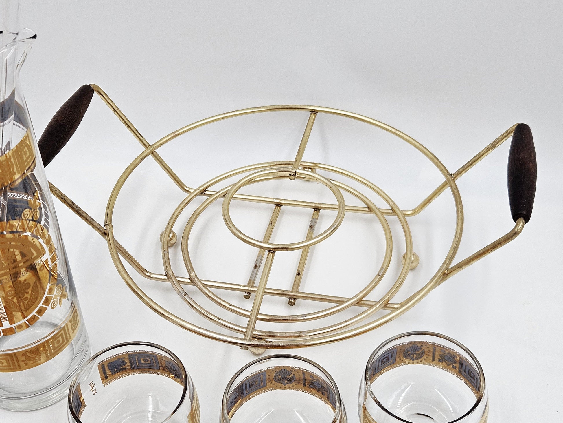 Culver Serveware Superb Culver Coronet 22k Gold Lt. Blue Martini Pitcher Glasses Caddy Set 1960s