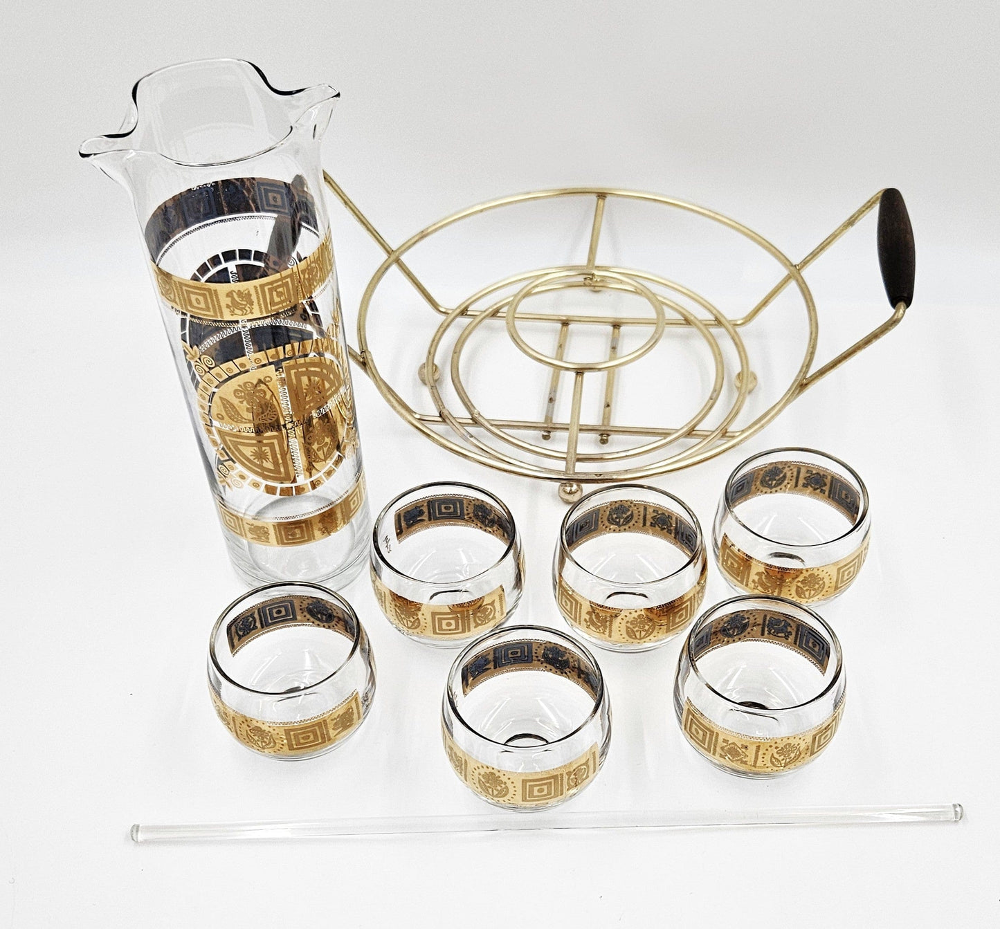 Culver Serveware Superb Culver Coronet 22k Gold Lt. Blue Martini Pitcher Glasses Caddy Set 1960s