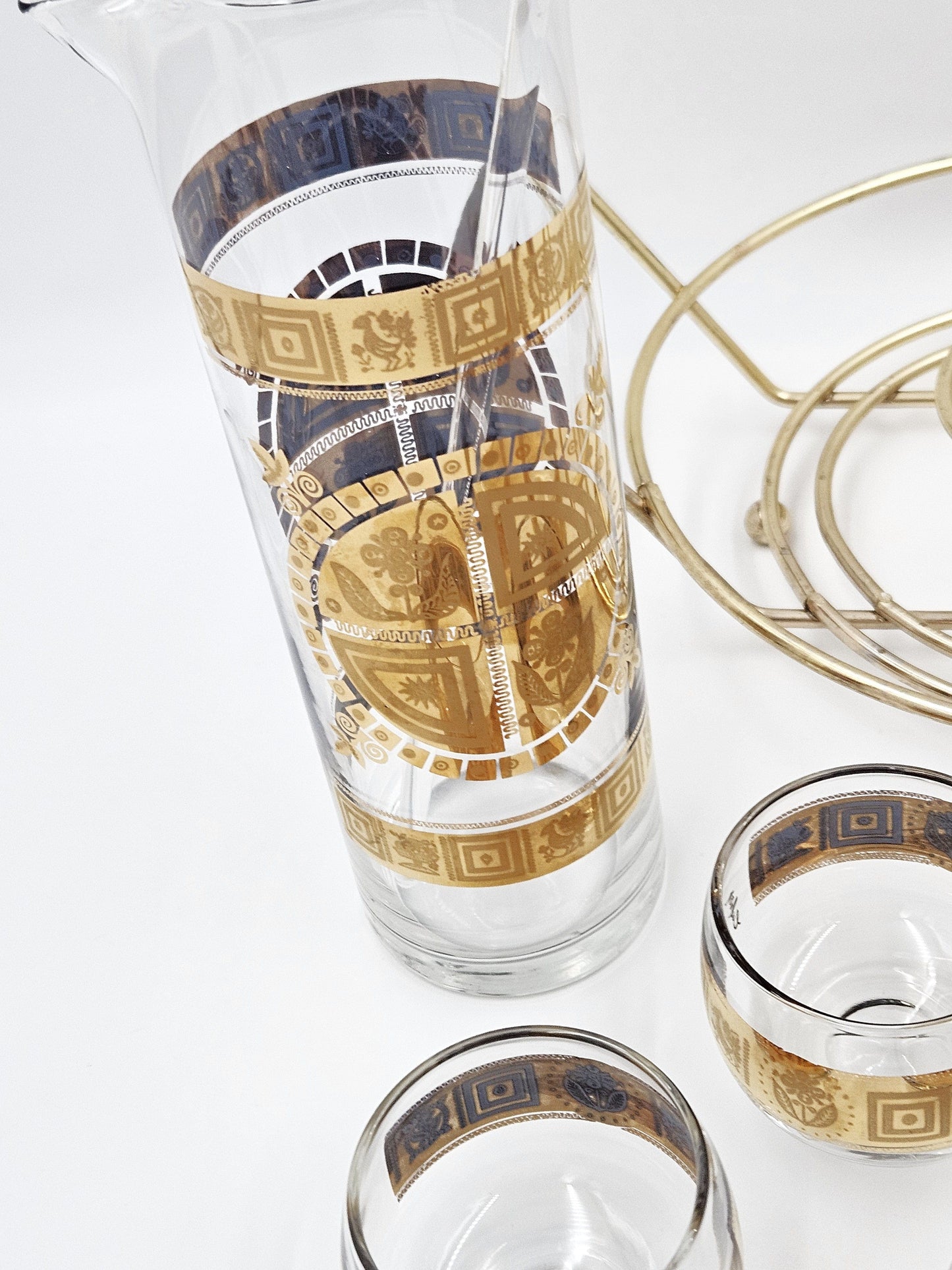 Culver Serveware Superb Culver Coronet 22k Gold Lt. Blue Martini Pitcher Glasses Caddy Set 1960s