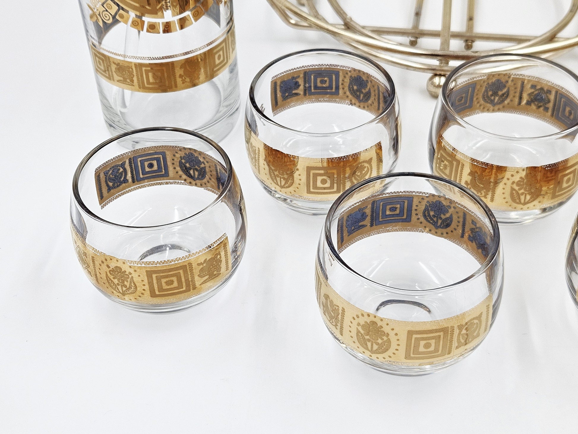 Culver Serveware Superb Culver Coronet 22k Gold Lt. Blue Martini Pitcher Glasses Caddy Set 1960s