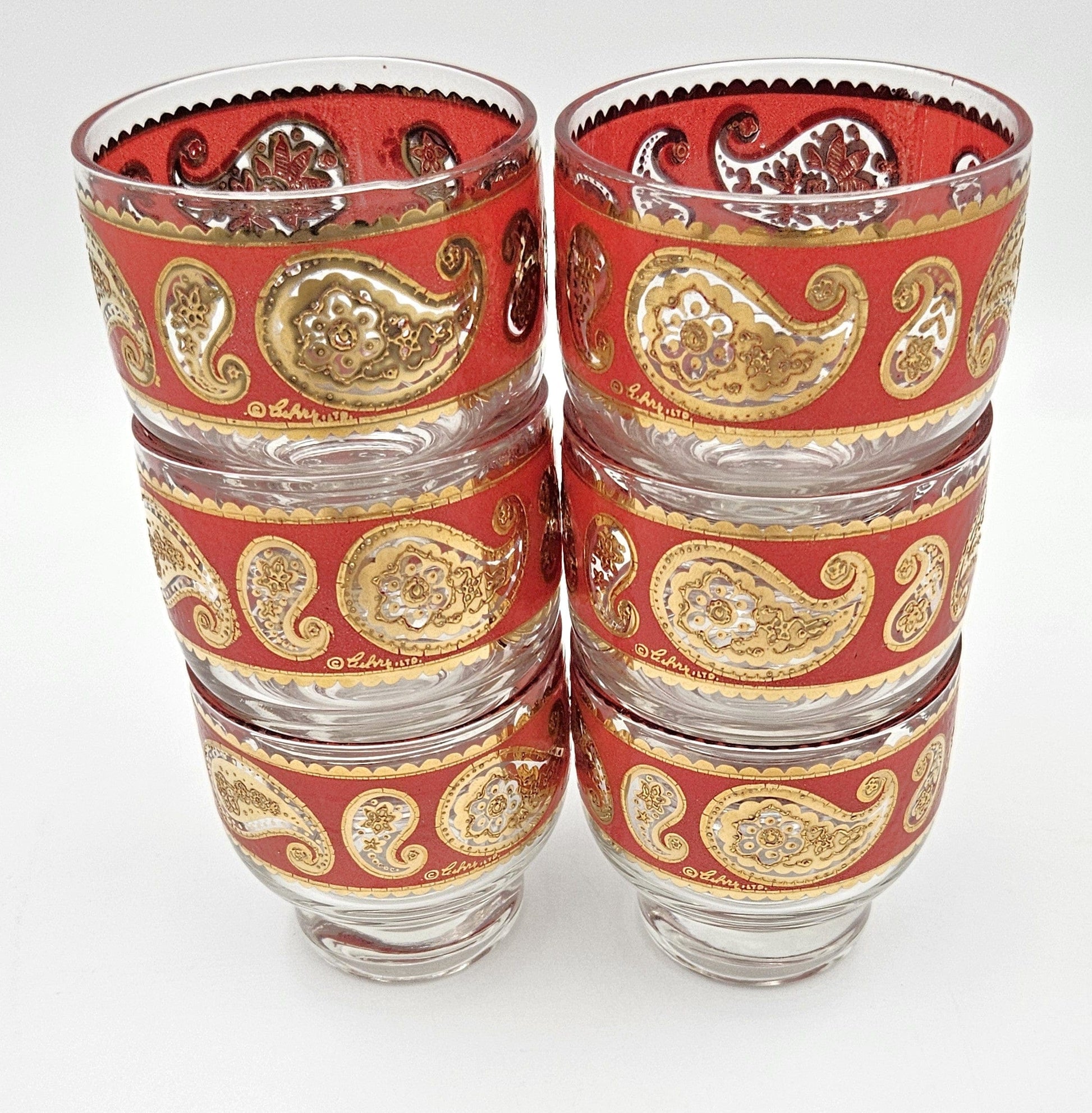 Culver Serveware Superb Culver Red Paisley 22k Gold Glassware Set of 6 Circa 1960s
