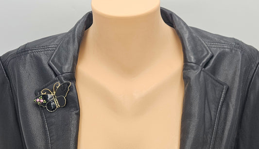 David Andersen Jewelry RARE David Andersen Gilt 925 Black w/Flowers Enamel Butterfly Brooch 1940s