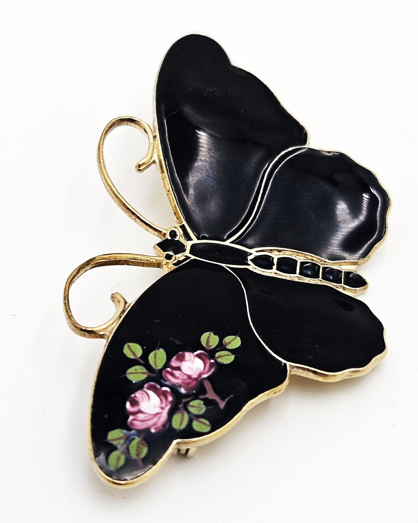 David Andersen Jewelry RARE David Andersen Gilt 925 Black w/Flowers Enamel Butterfly Brooch 1940s