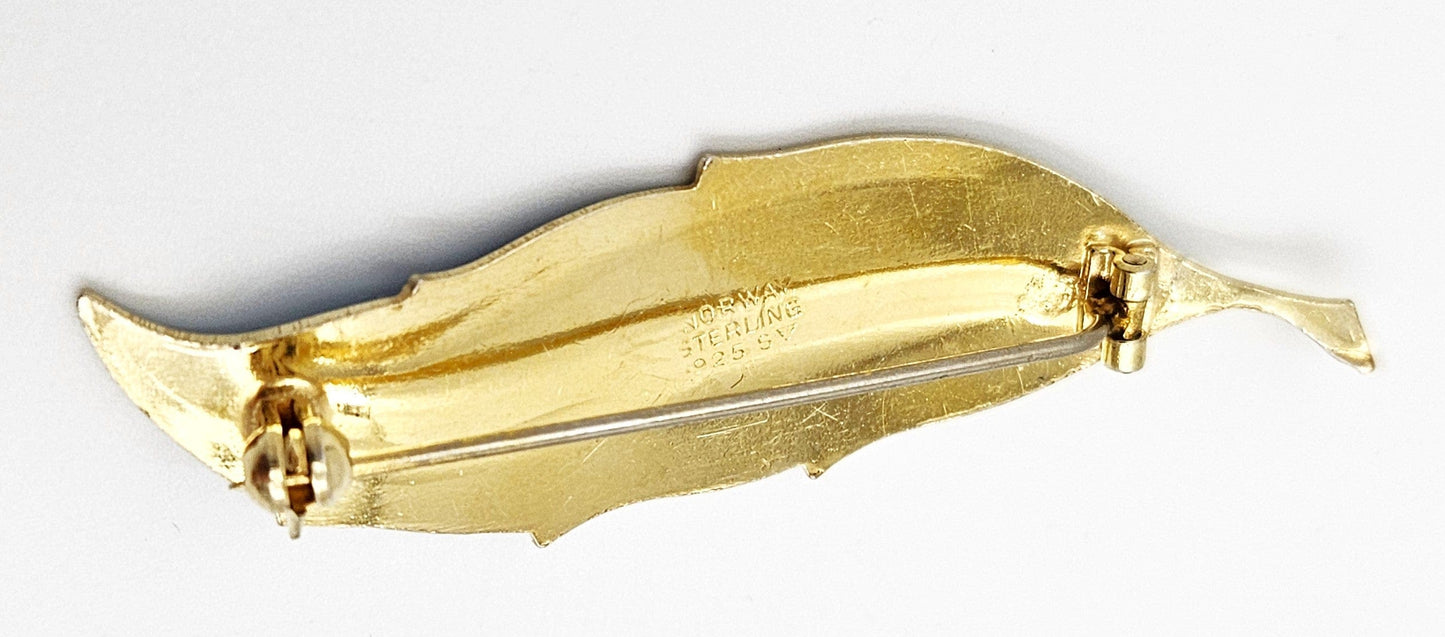 Finn Jensen Jewelry Finn Jensen Norway Gilt Sterling & Guilloche Enamel Feather Brooch Circa 1950s