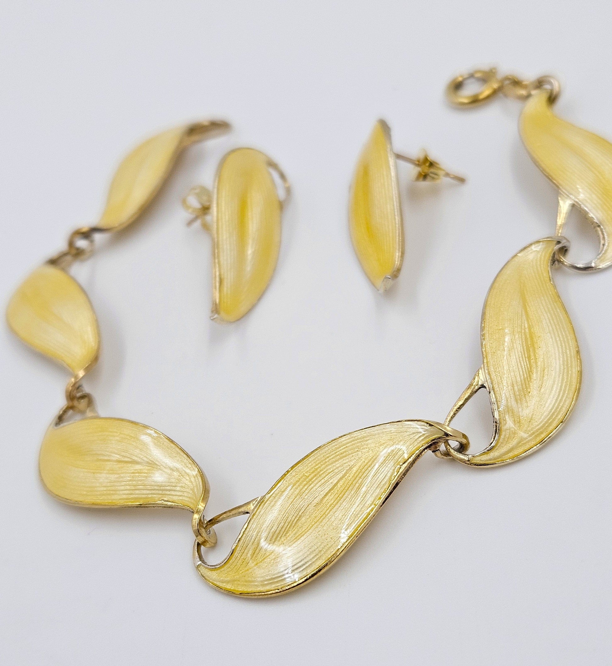 Finn Jensen Jewelry Rare Finn Jensen Gilt Sterling & Enamel Bracelet + Earrings Set Circa 1950s