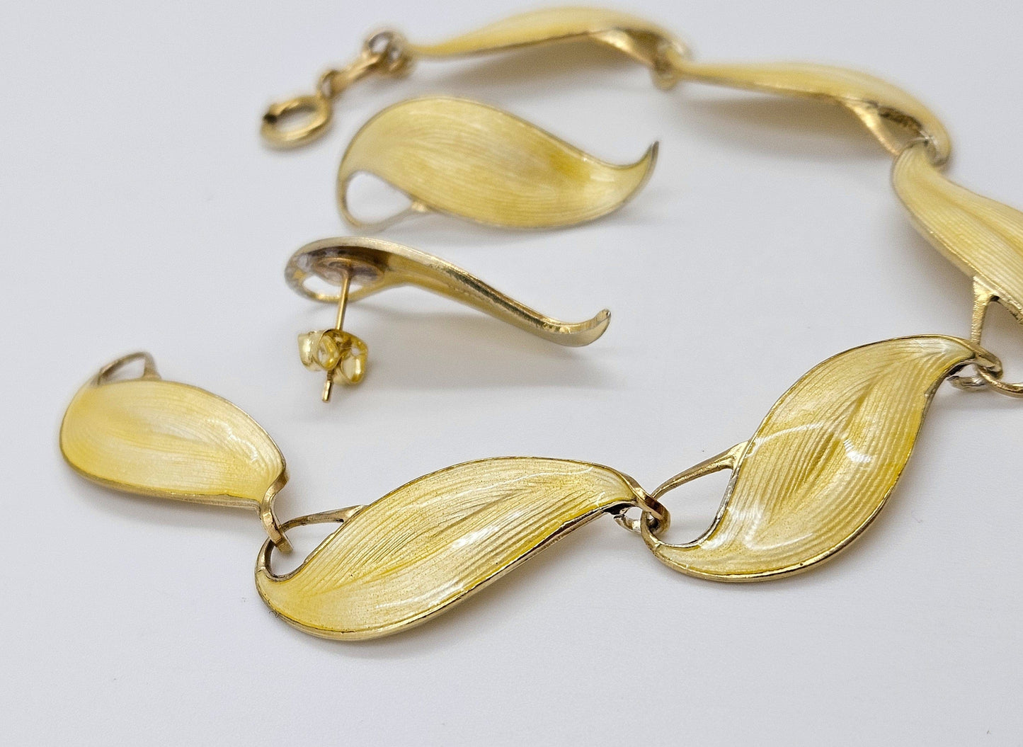 Finn Jensen Jewelry Rare Finn Jensen Gilt Sterling & Enamel Bracelet + Earrings Set Circa 1950s