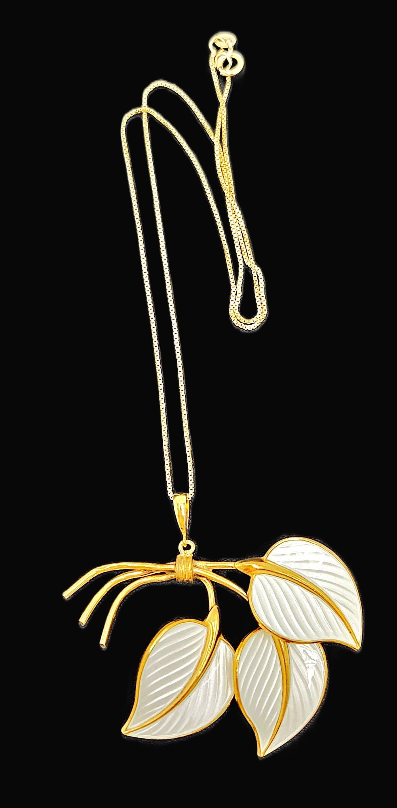 Hans Myhre Jewelry RARE Hans Myhre Norway Sterling Enamel Flower Leaves Pendant Necklace 50's