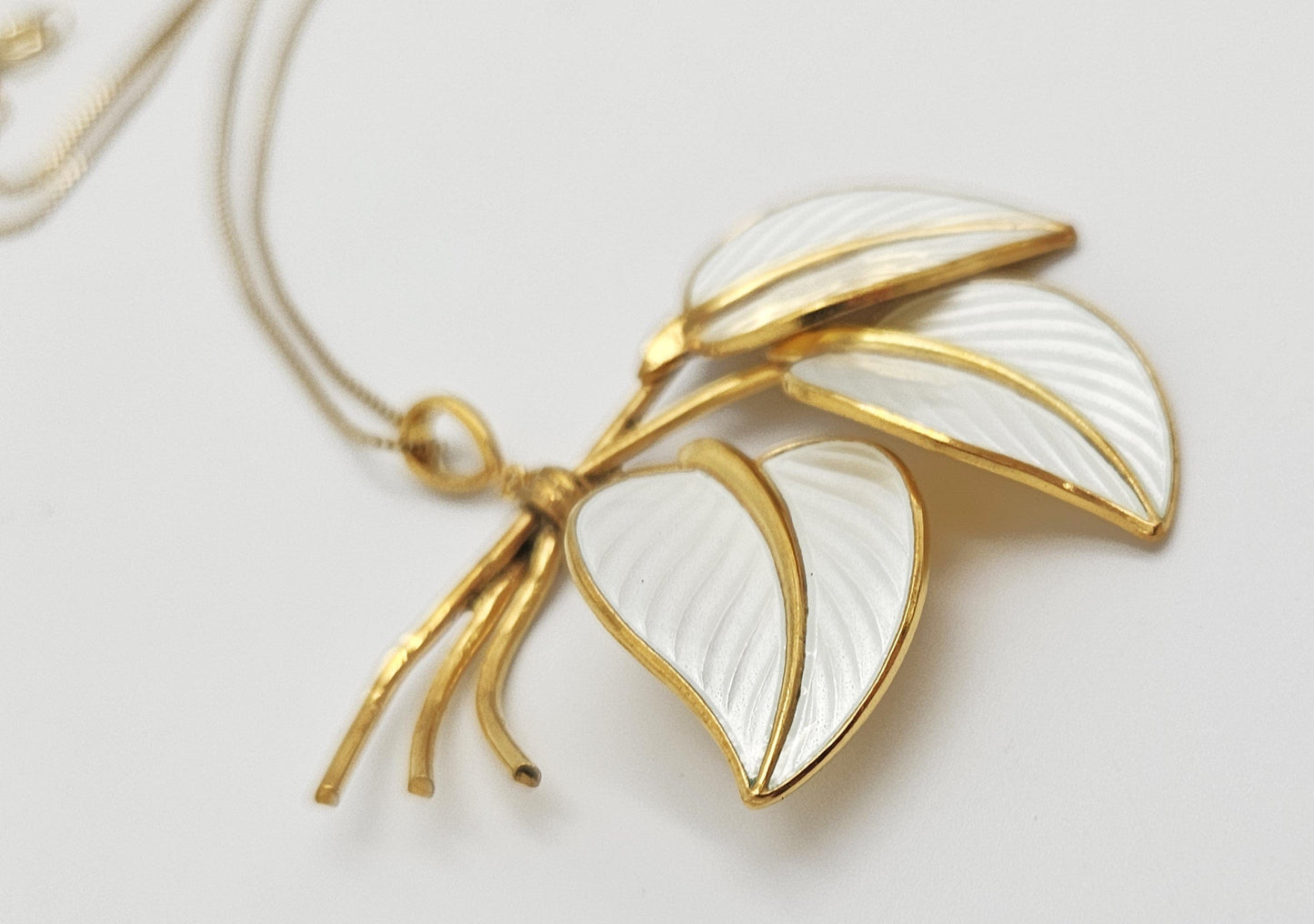 Hans Myhre Jewelry RARE Hans Myhre Norway Sterling Enamel Flower Leaves Pendant Necklace 50's