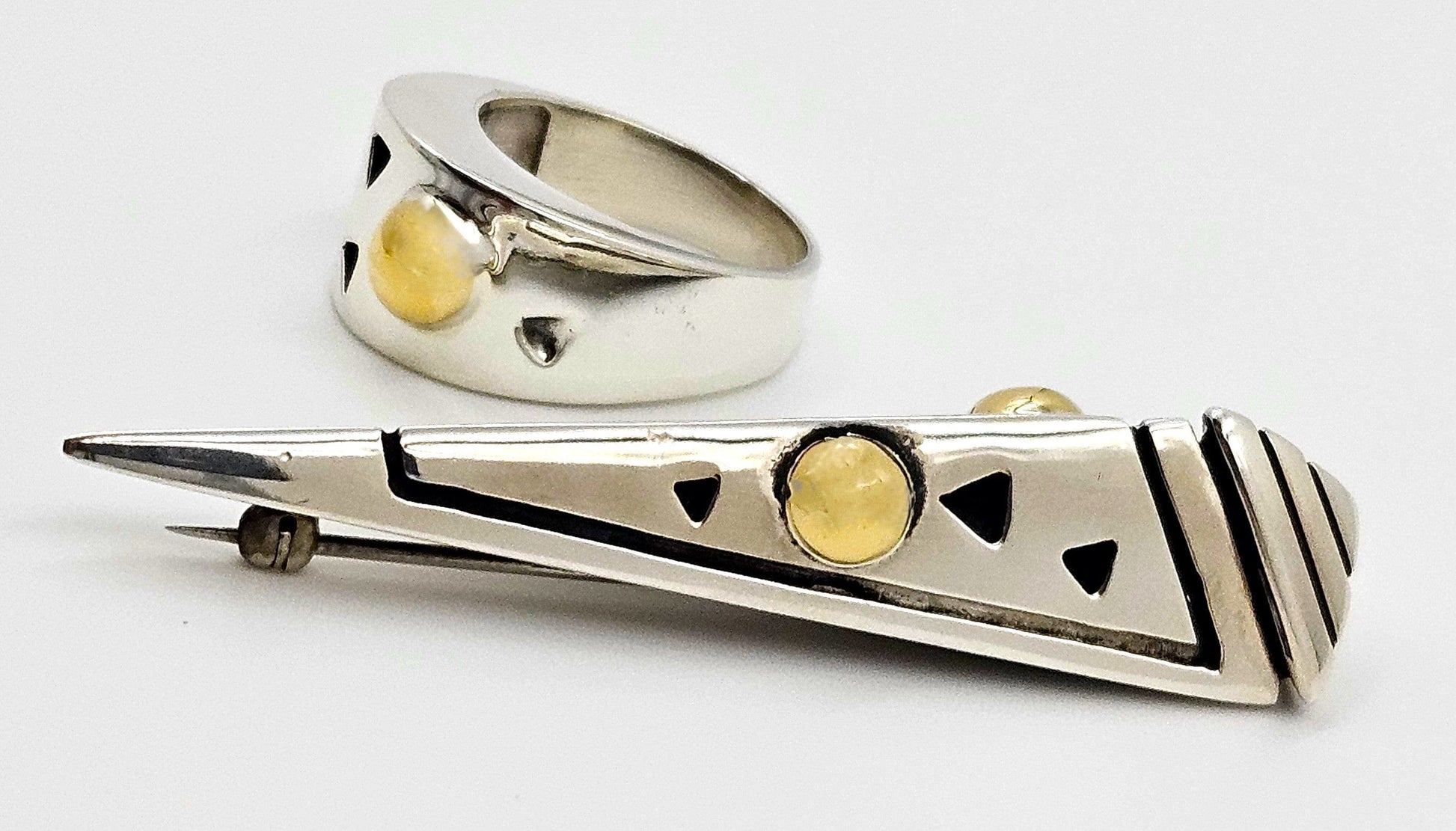 John Atencio Jewelry Superb John Atencio Sterling 18k Retired Solar Cocktail Ring & Brooch Set