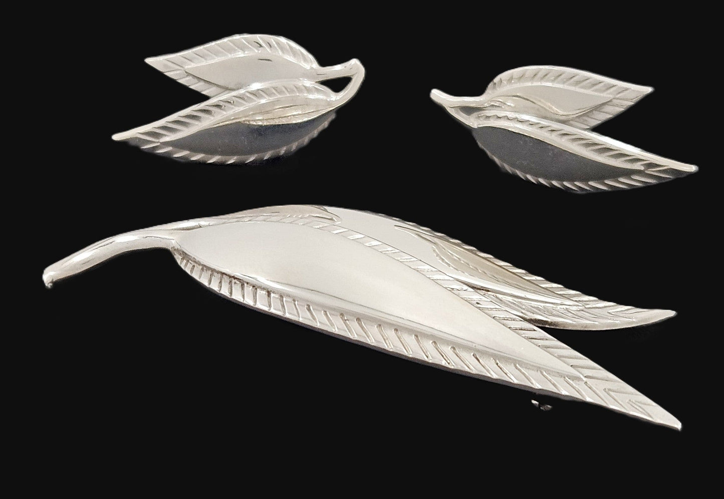 Just Andersen Denmark Jewelry Just Andersen Denmark Sterling Leaves Brooch & Post back Earrings Set 1930s