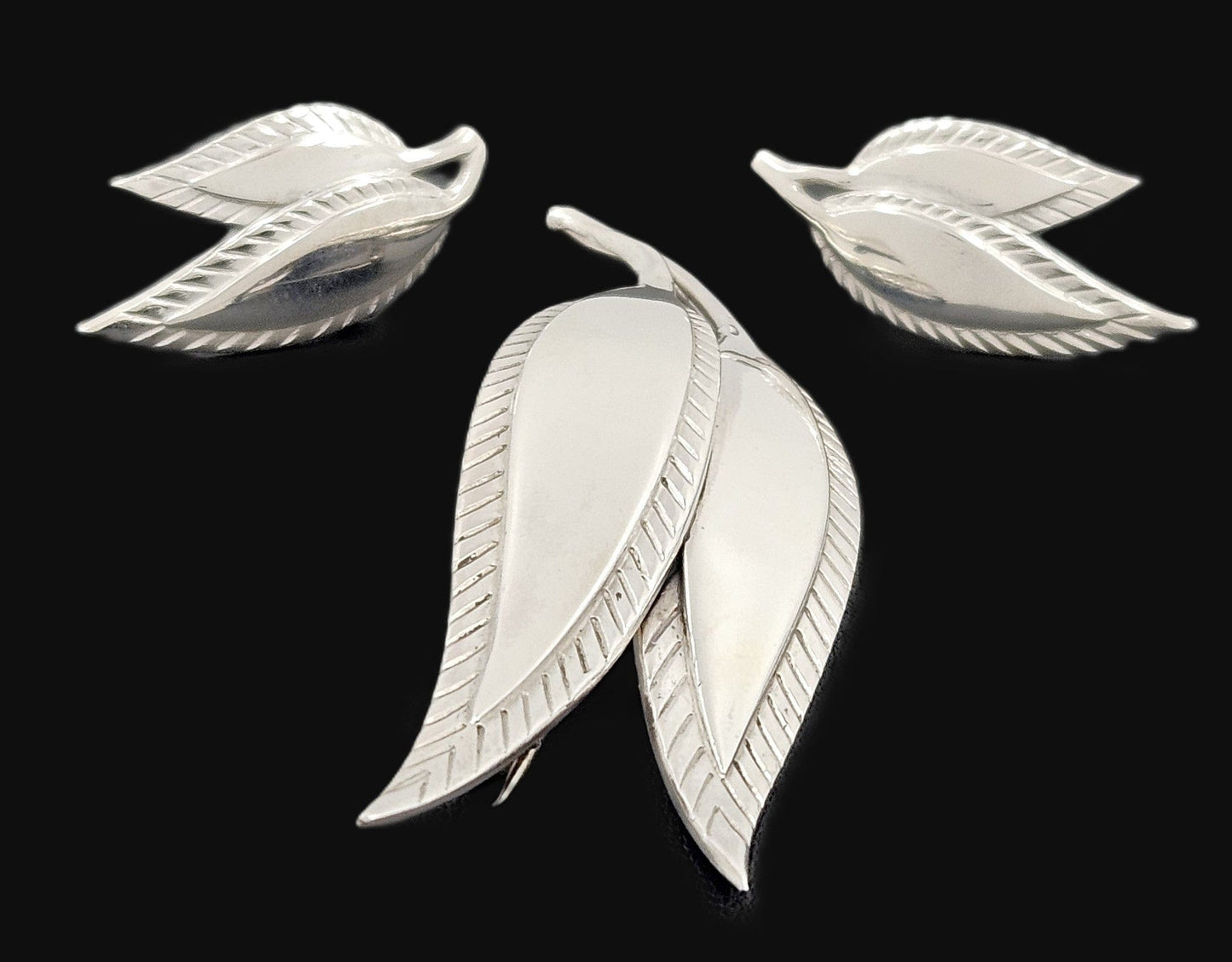 Just Andersen Denmark Jewelry Just Andersen Denmark Sterling Leaves Brooch & Post back Earrings Set 1930s