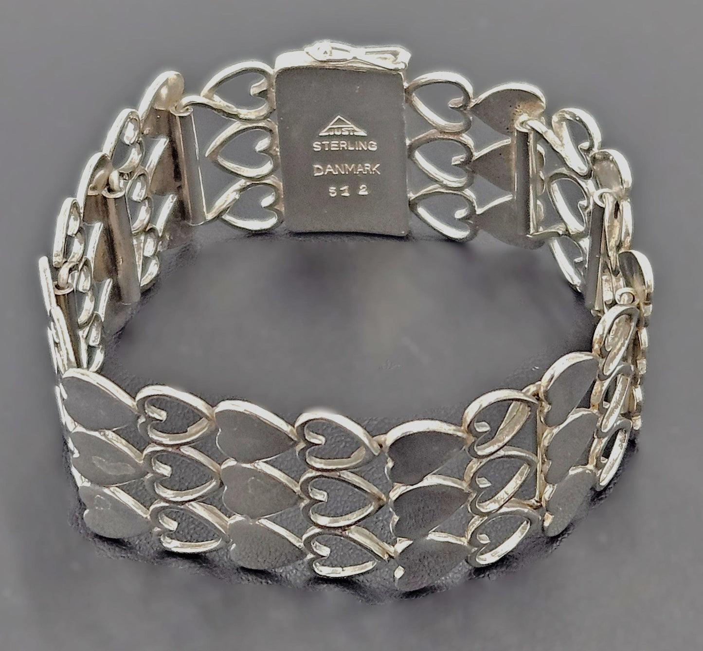 Just Andersen Denmark Jewelry Rare Just Andersen Just A Denmark Sterling Hearts Panel Link Bracelet C. 1940s