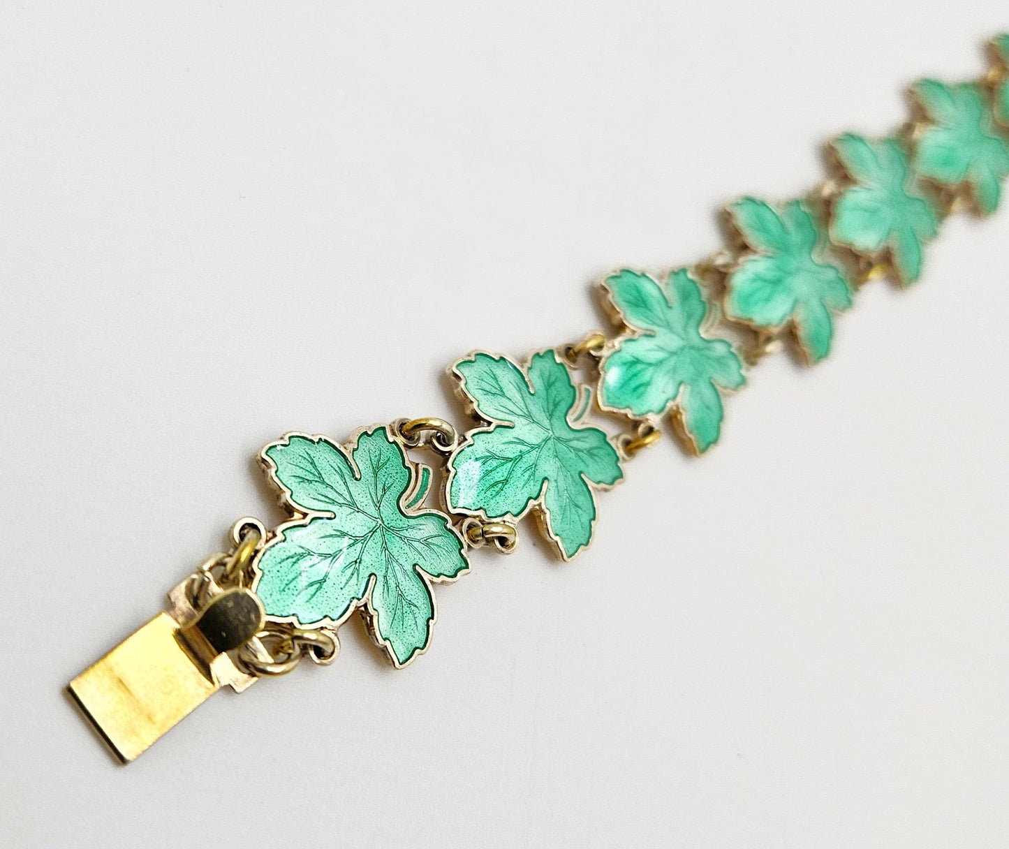 Meka Jewelry Meka Denmark Sterling + Green Enamel Maple Leaves Bracelet 1950s