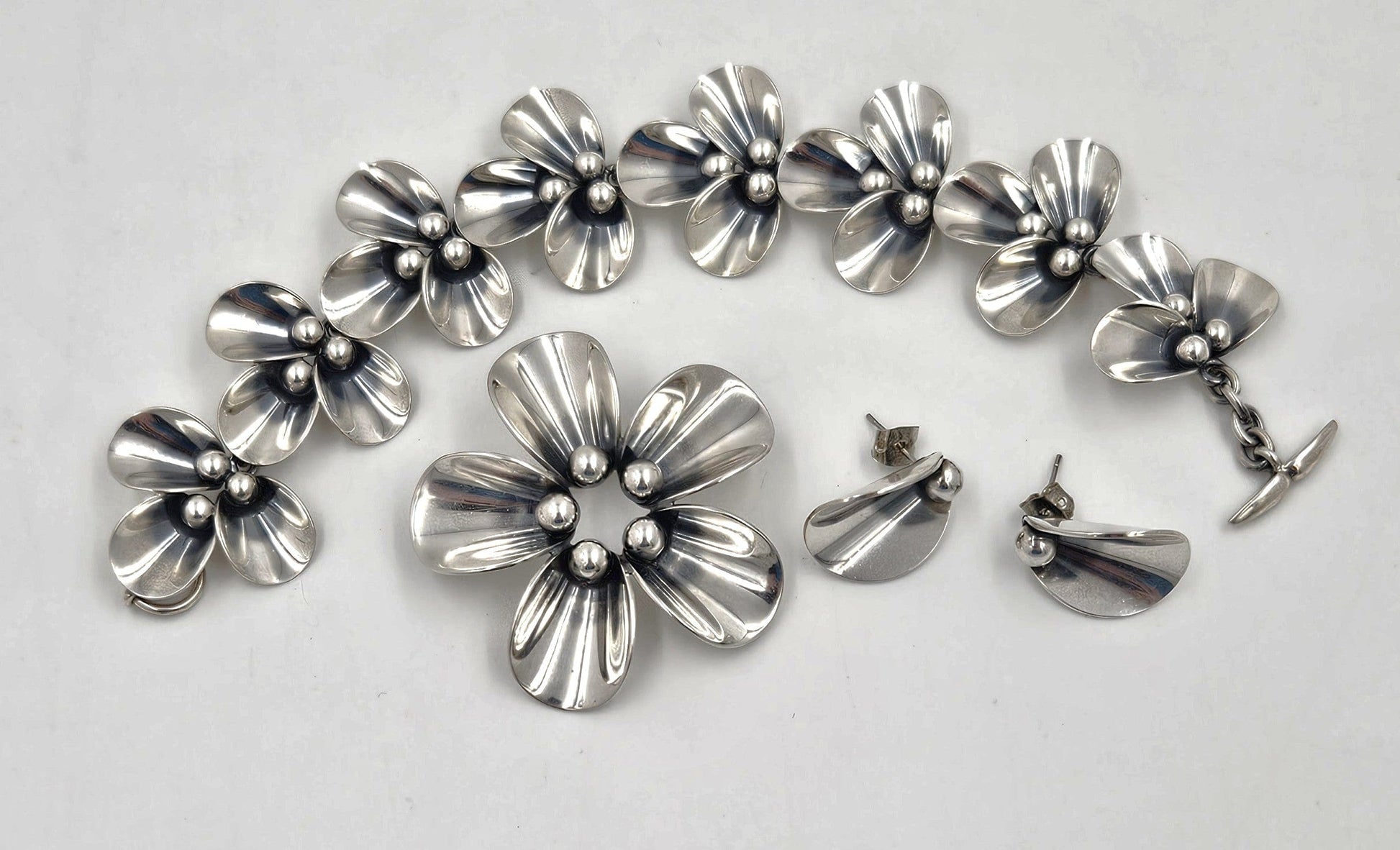 Niels Erik From Jewelry Danish NE From Sterling Modernist Flowers Demi Parure Set C. 1950s
