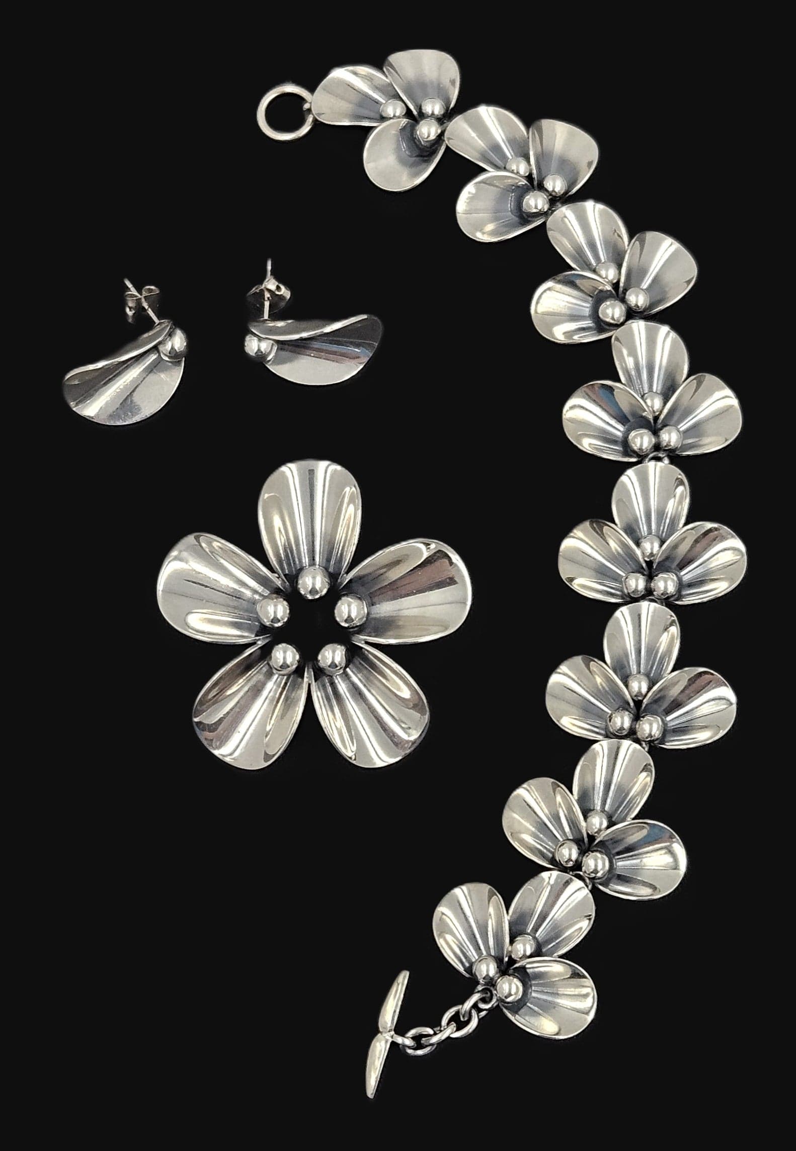 Niels Erik From Jewelry Danish NE From Sterling Modernist Flowers Demi Parure Set C. 1950s