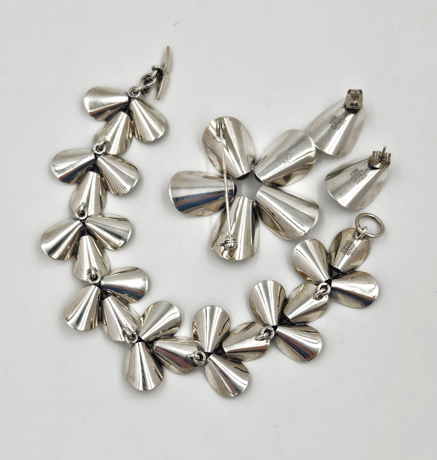 Niels Erik From Jewelry Danish NE From Sterling Modernist Flowers Demi Parure Set C. 1950s