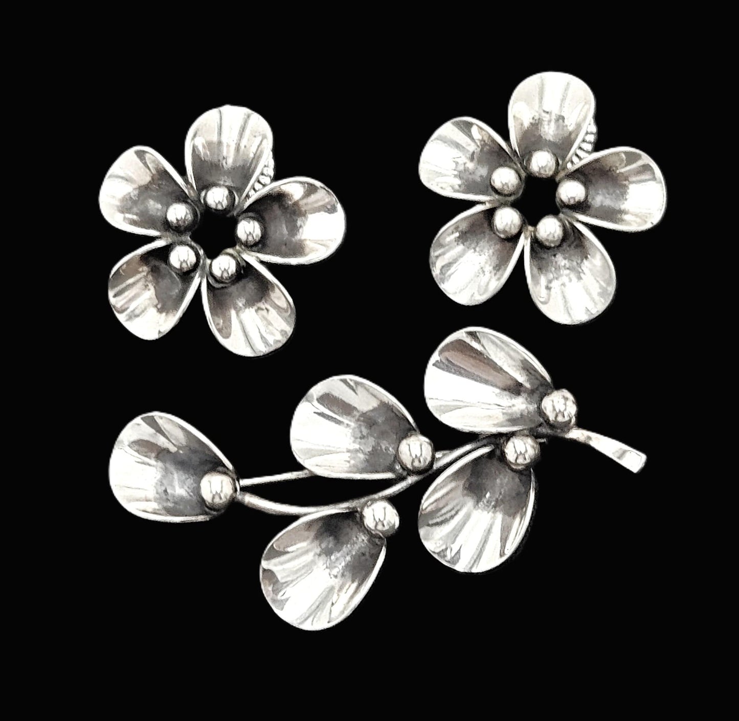 Niels Erik From Jewelry **Danish Niels Erik From Sterling Modernist Flowers Demi Parure Set C. 1940/50s