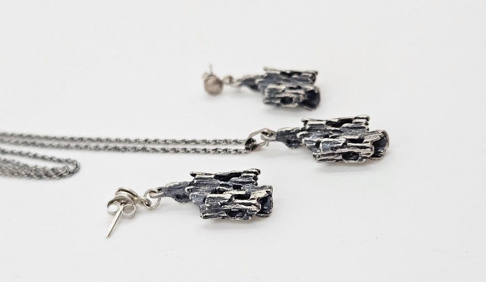 Sterling Brutalist Set Jewelry Vintage Sterling Silver Brutalist Necklace & Earrings Set - Signed