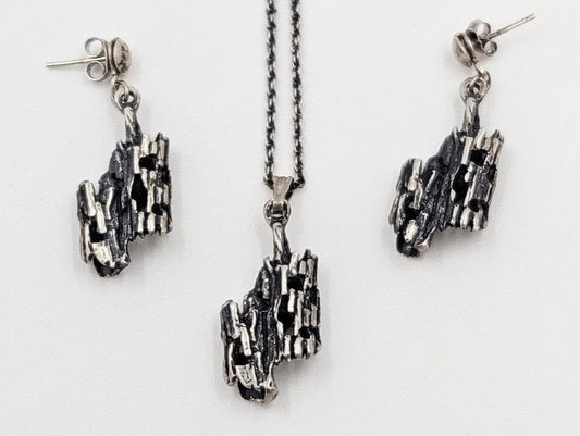Sterling Brutalist Set Jewelry Vintage Sterling Silver Brutalist Necklace & Earrings Set - Signed